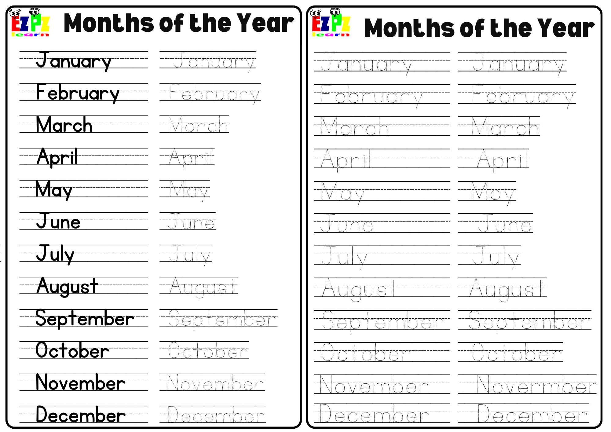 Months Of the Year Tracing Pages Free PDF Download